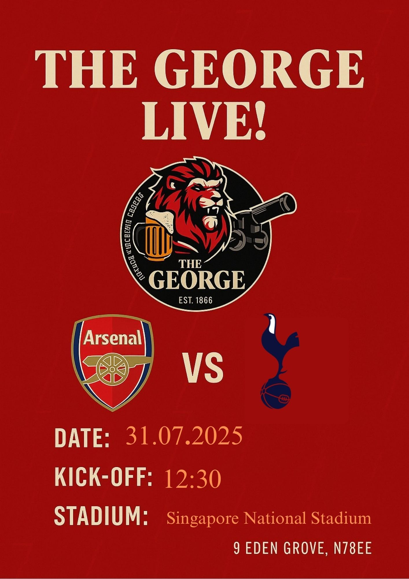 Arsenal vs Tottenham – North London Derby Live at The George Pub